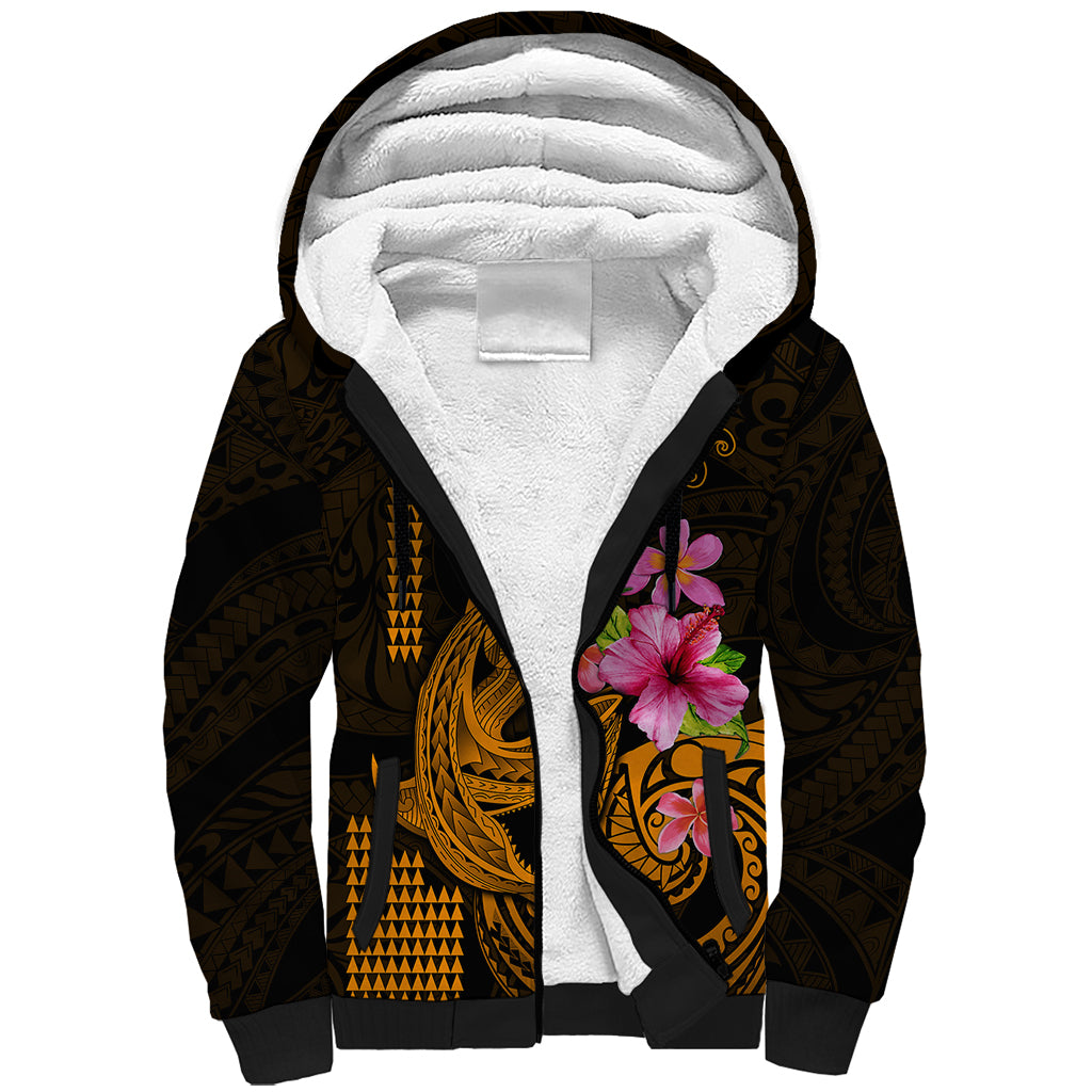 Custom Polynesian Sherpa Hoodie Hawaiian Warriors with Tribal Shark Tattoos - Gold - Wonder Print Shop