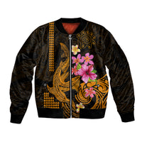 Custom Polynesian Sleeve Zip Bomber Jacket Hawaiian Warriors with Tribal Shark Tattoos - Gold - Wonder Print Shop