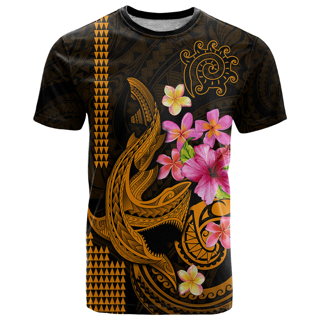 Custom Polynesian T Shirt Hawaiian Warriors with Tribal Shark Tattoos - Gold - Wonder Print Shop