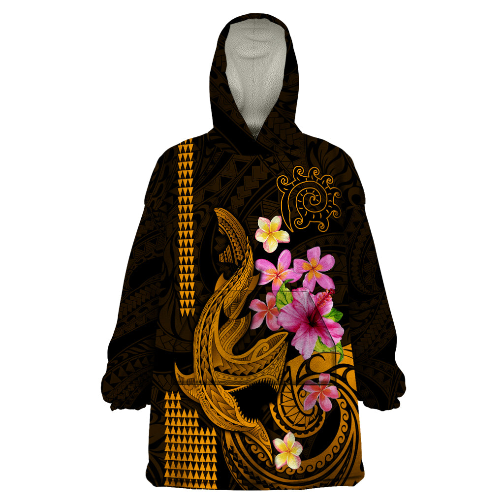 Custom Polynesian Wearable Blanket Hoodie Hawaiian Warriors with Tribal Shark Tattoos - Gold - Wonder Print Shop