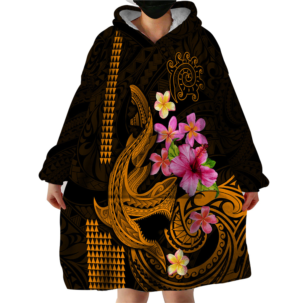 Custom Polynesian Wearable Blanket Hoodie Hawaiian Warriors with Tribal Shark Tattoos - Gold - Wonder Print Shop