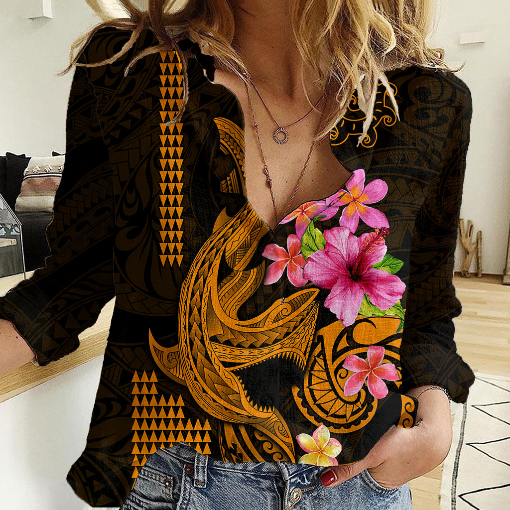 Custom Polynesian Women Casual Shirt Hawaiian Warriors with Tribal Shark Tattoos - Gold - Wonder Print Shop