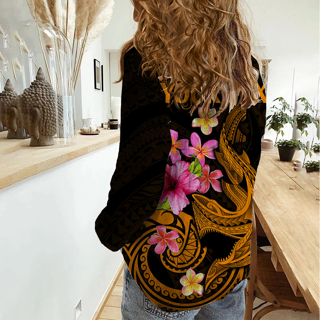 Custom Polynesian Women Casual Shirt Hawaiian Warriors with Tribal Shark Tattoos - Gold - Wonder Print Shop