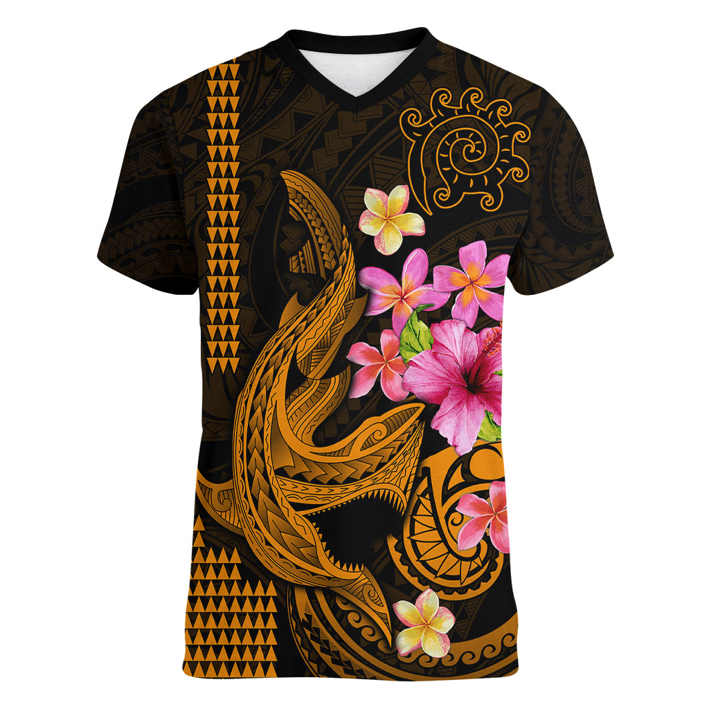 Custom Polynesian Women V Neck T Shirt Hawaiian Warriors with Tribal Shark Tattoos - Gold - Wonder Print Shop