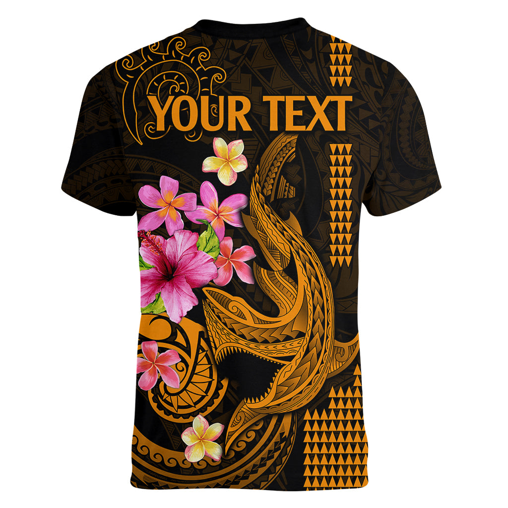 Custom Polynesian Women V Neck T Shirt Hawaiian Warriors with Tribal Shark Tattoos - Gold - Wonder Print Shop