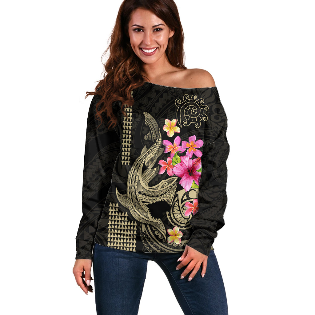 Custom Polynesian Off Shoulder Sweater Hawaiian Warriors with Tribal Shark Tattoos - Nude - Wonder Print Shop