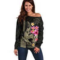 Custom Polynesian Off Shoulder Sweater Hawaiian Warriors with Tribal Shark Tattoos - Nude - Wonder Print Shop