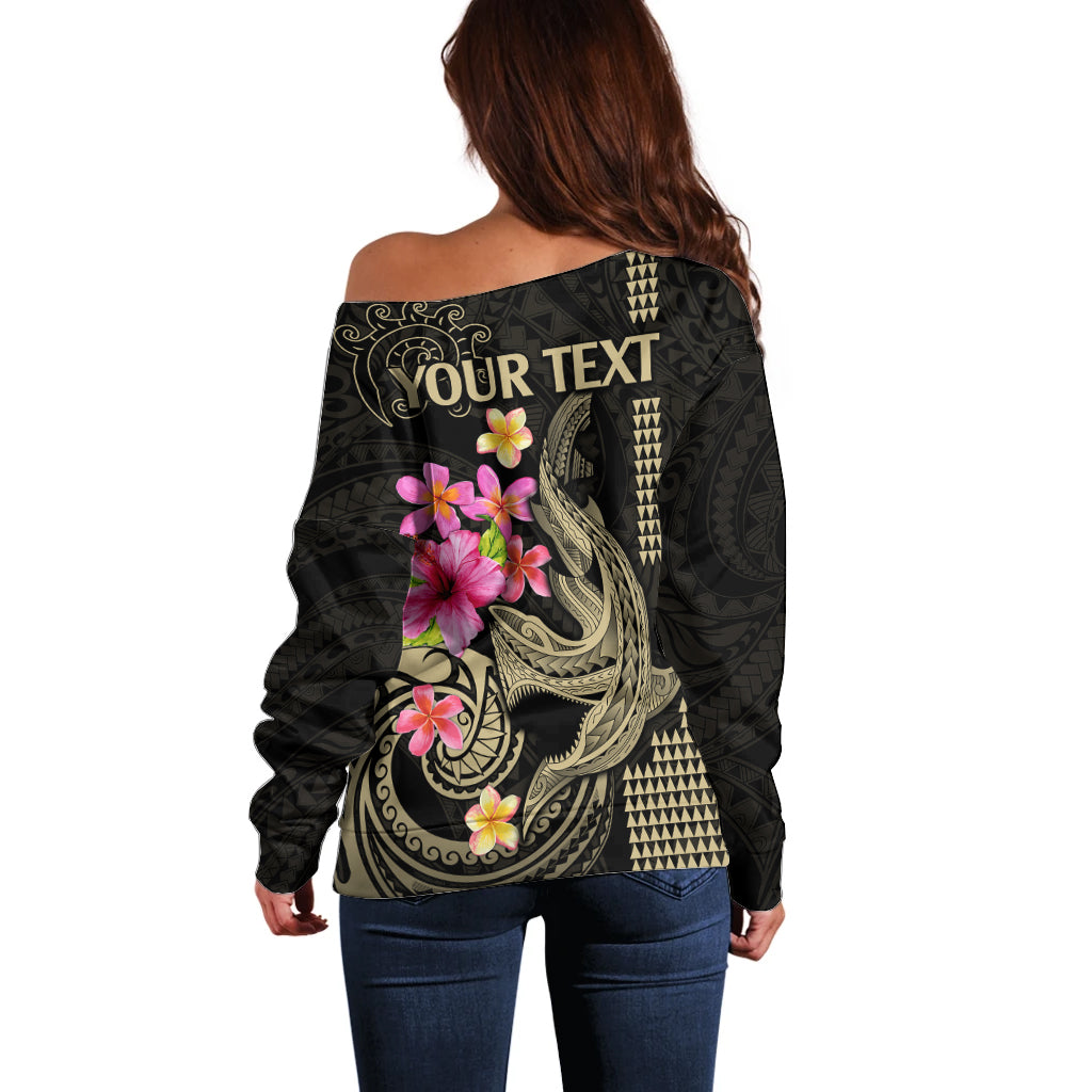 Custom Polynesian Off Shoulder Sweater Hawaiian Warriors with Tribal Shark Tattoos - Nude - Wonder Print Shop