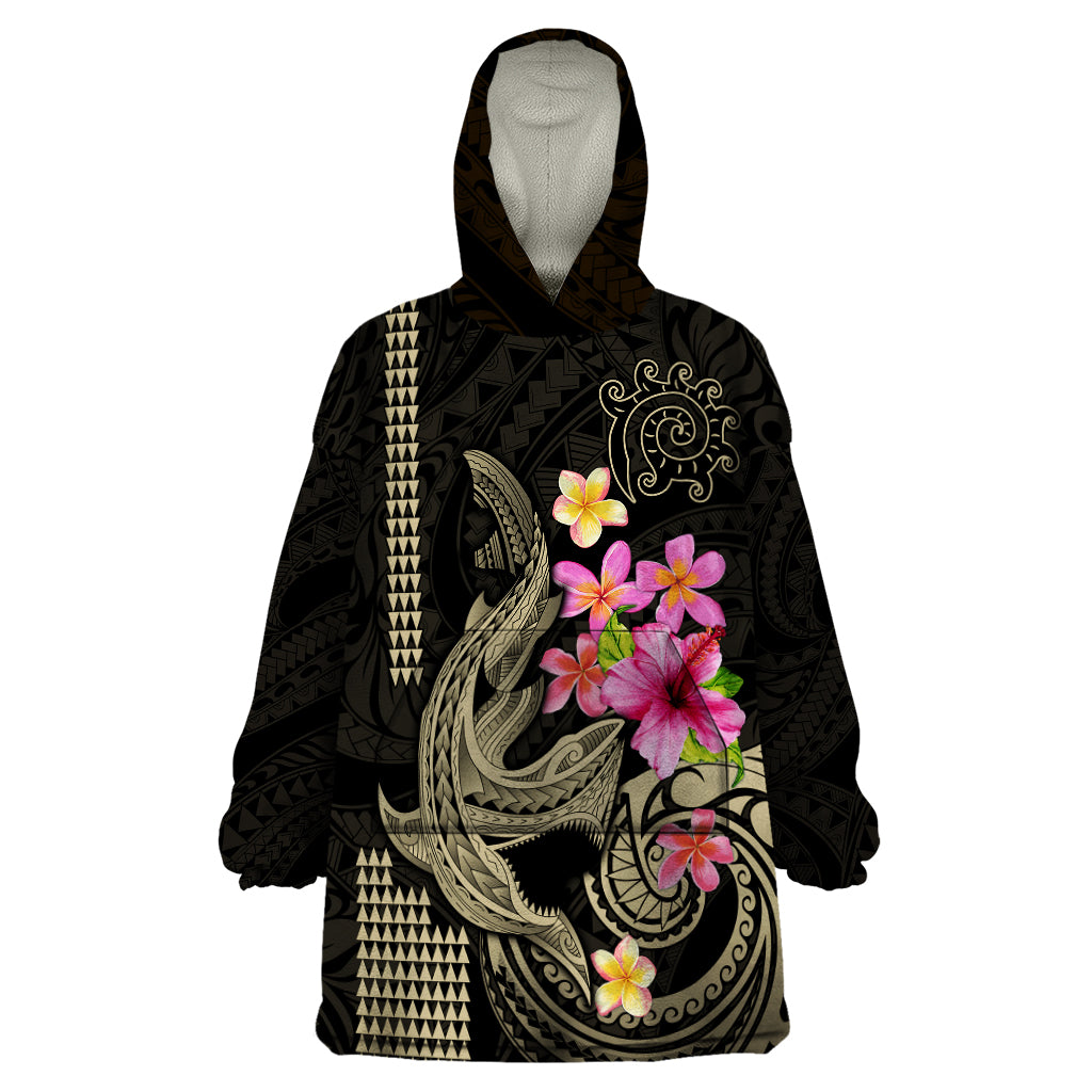 Custom Polynesian Wearable Blanket Hoodie Hawaiian Warriors with Tribal Shark Tattoos - Nude - Wonder Print Shop