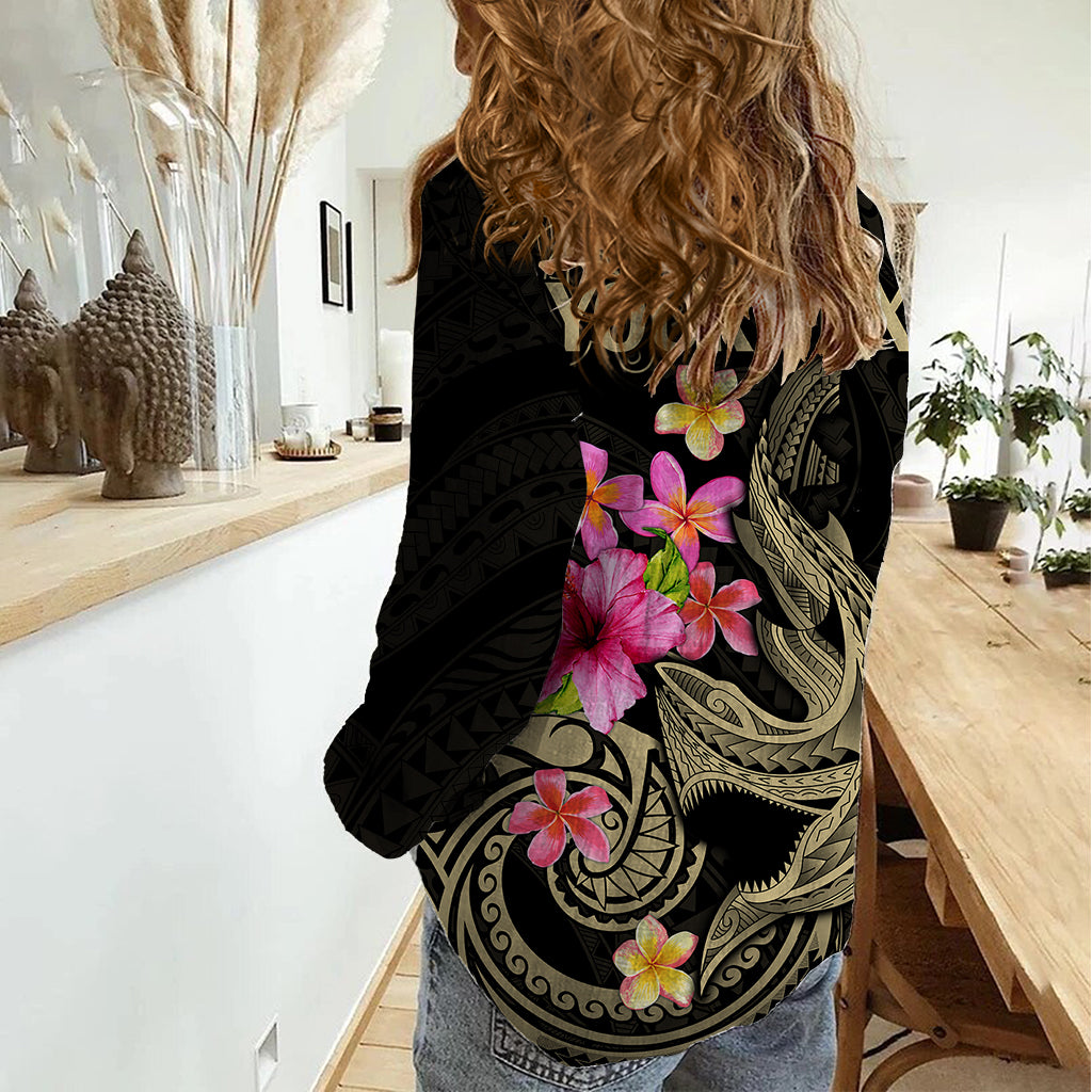 Custom Polynesian Women Casual Shirt Hawaiian Warriors with Tribal Shark Tattoos - Nude - Wonder Print Shop