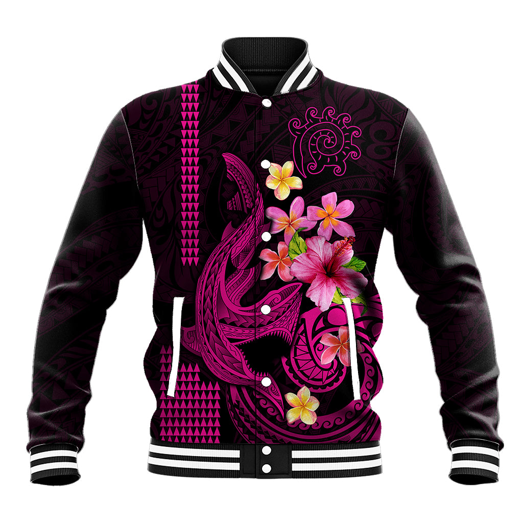 Custom Polynesian Baseball Jacket Hawaiian Warriors with Tribal Shark Tattoos - Pink LT9 - Wonder Print Shop
