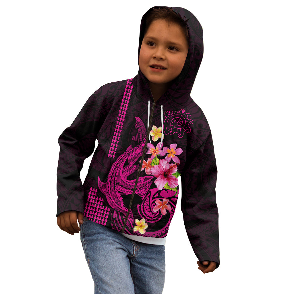 Custom Polynesian Kid Hoodie Hawaiian Warriors with Tribal Shark Tattoos - Pink - Wonder Print Shop