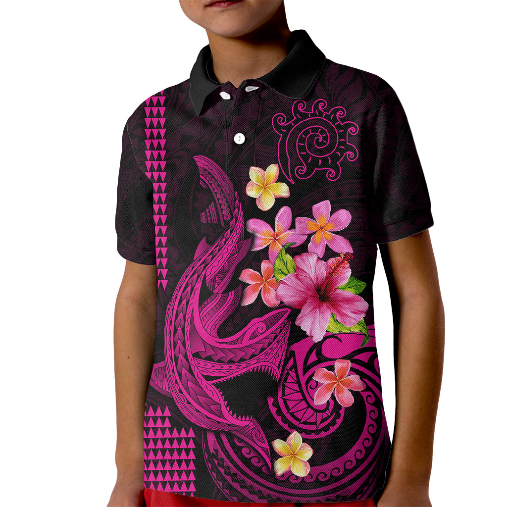 Custom Polynesian Kid Polo Shirt Hawaiian Warriors with Tribal Shark Tattoos - Pink - Wonder Print Shop