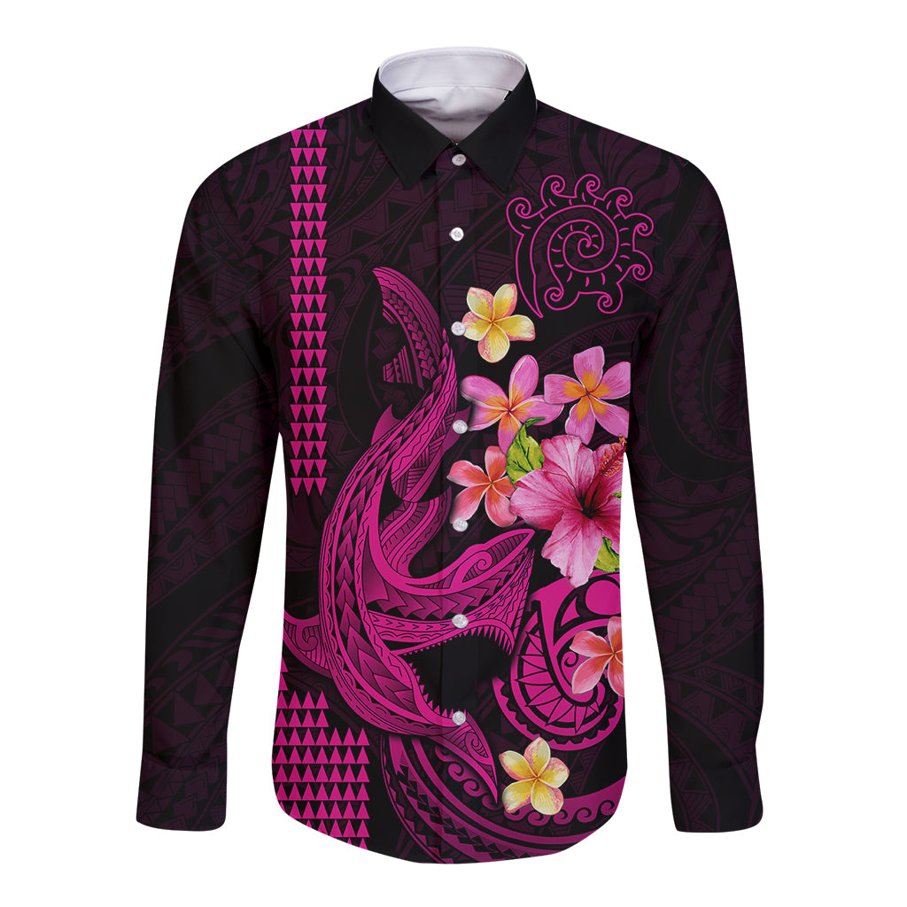 Custom Polynesian Long Sleeve Button Shirt Hawaiian Warriors with Tribal Shark Tattoos - Pink - Wonder Print Shop