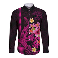 Custom Polynesian Long Sleeve Button Shirt Hawaiian Warriors with Tribal Shark Tattoos - Pink - Wonder Print Shop