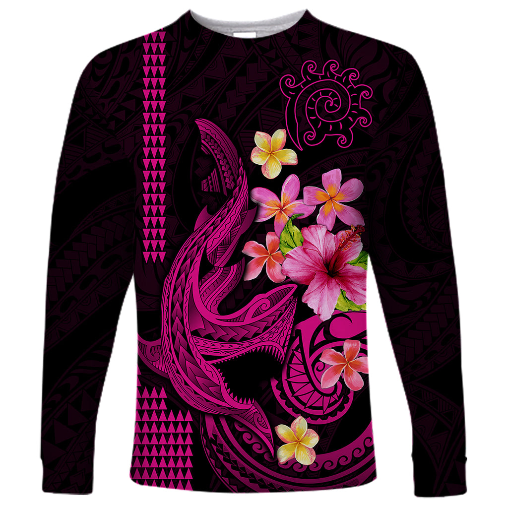 Custom Polynesian Long Sleeve Shirt Hawaiian Warriors with Tribal Shark Tattoos - Pink - Wonder Print Shop