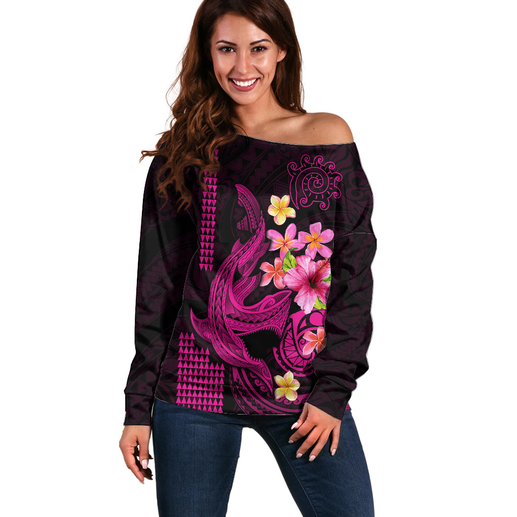 Custom Polynesian Off Shoulder Sweater Hawaiian Warriors with Tribal Shark Tattoos - Pink - Wonder Print Shop