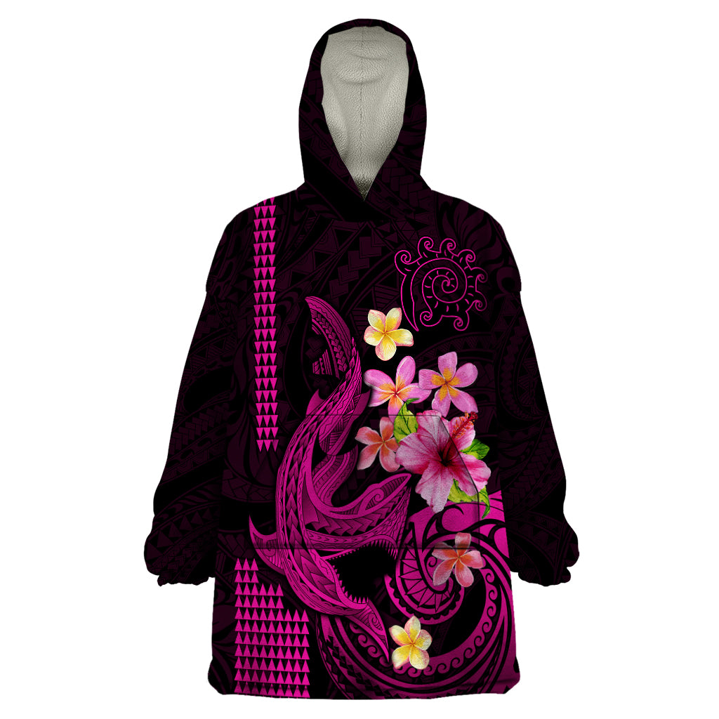 Custom Polynesian Wearable Blanket Hoodie Hawaiian Warriors with Tribal Shark Tattoos - Pink - Wonder Print Shop