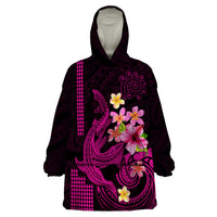 Custom Polynesian Wearable Blanket Hoodie Hawaiian Warriors with Tribal Shark Tattoos - Pink - Wonder Print Shop