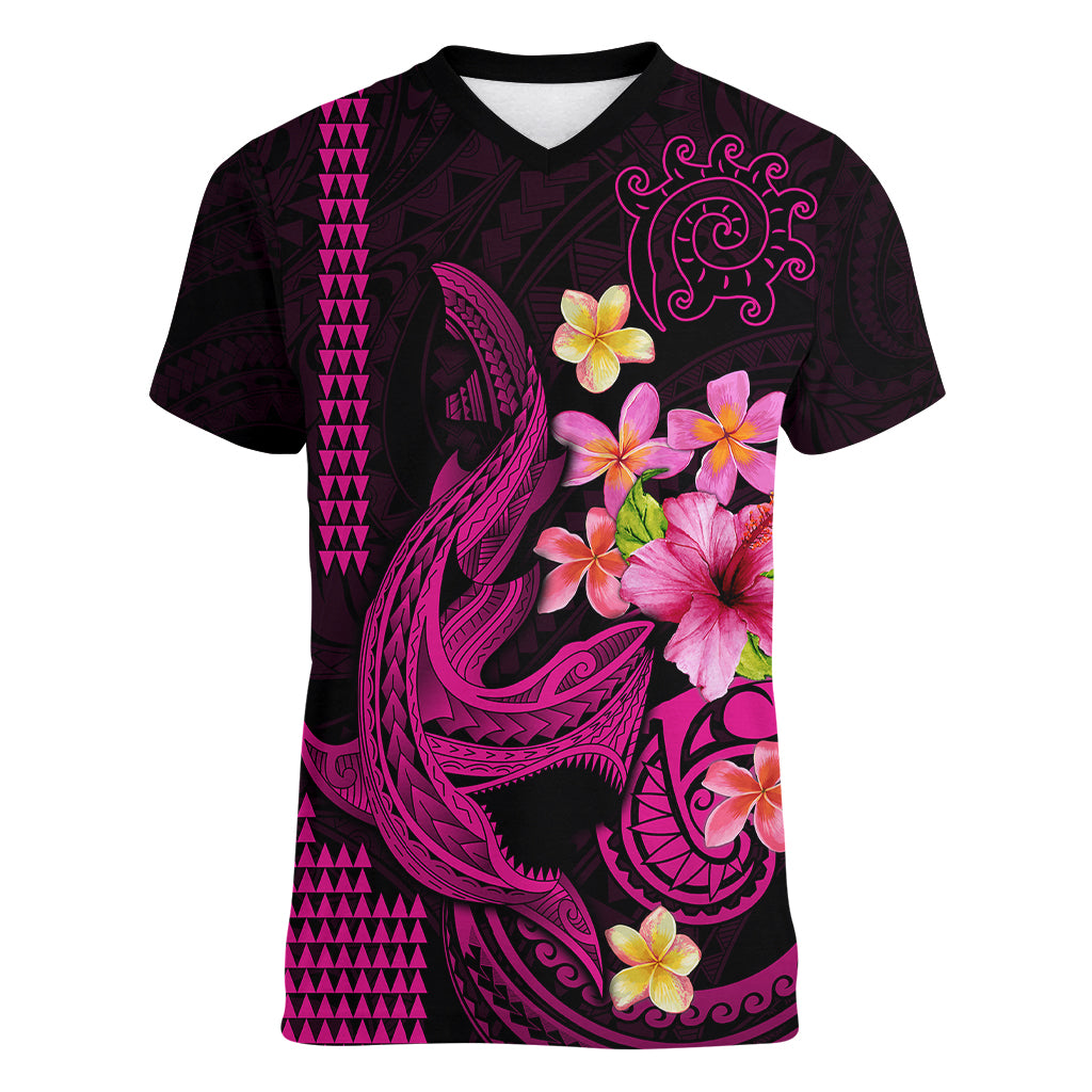 Custom Polynesian Women V Neck T Shirt Hawaiian Warriors with Tribal Shark Tattoos - Pink - Wonder Print Shop