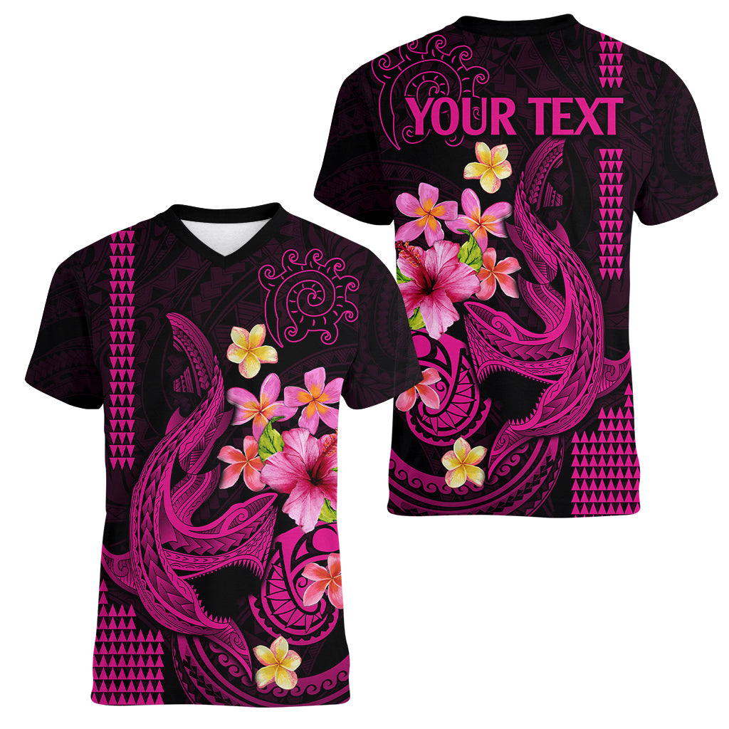 Custom Polynesian Women V Neck T Shirt Hawaiian Warriors with Tribal Shark Tattoos - Pink - Wonder Print Shop
