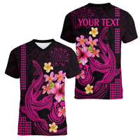Custom Polynesian Women V Neck T Shirt Hawaiian Warriors with Tribal Shark Tattoos - Pink - Wonder Print Shop