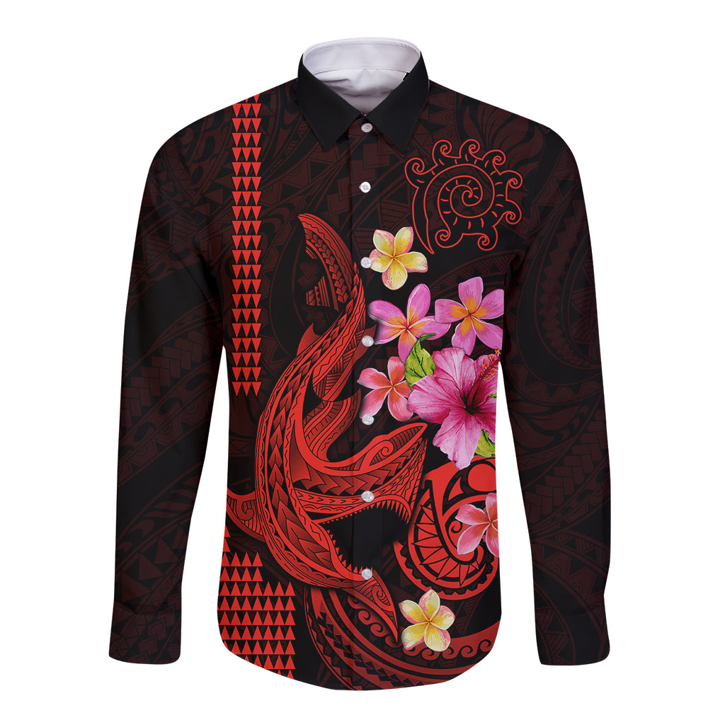 Custom Polynesian Long Sleeve Button Shirt Hawaiian Warriors with Tribal Shark Tattoos - Red - Wonder Print Shop