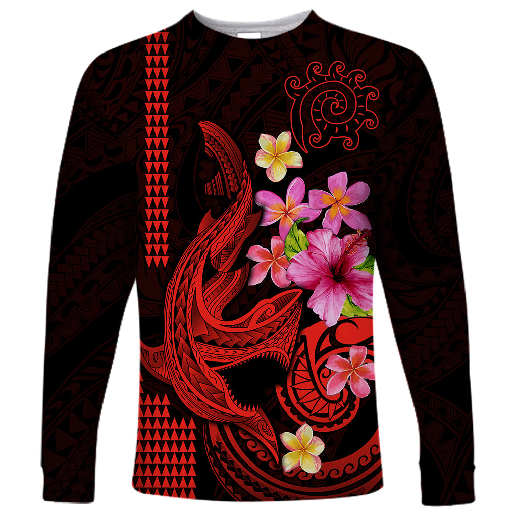Custom Polynesian Long Sleeve Shirt Hawaiian Warriors with Tribal Shark Tattoos - Red - Wonder Print Shop