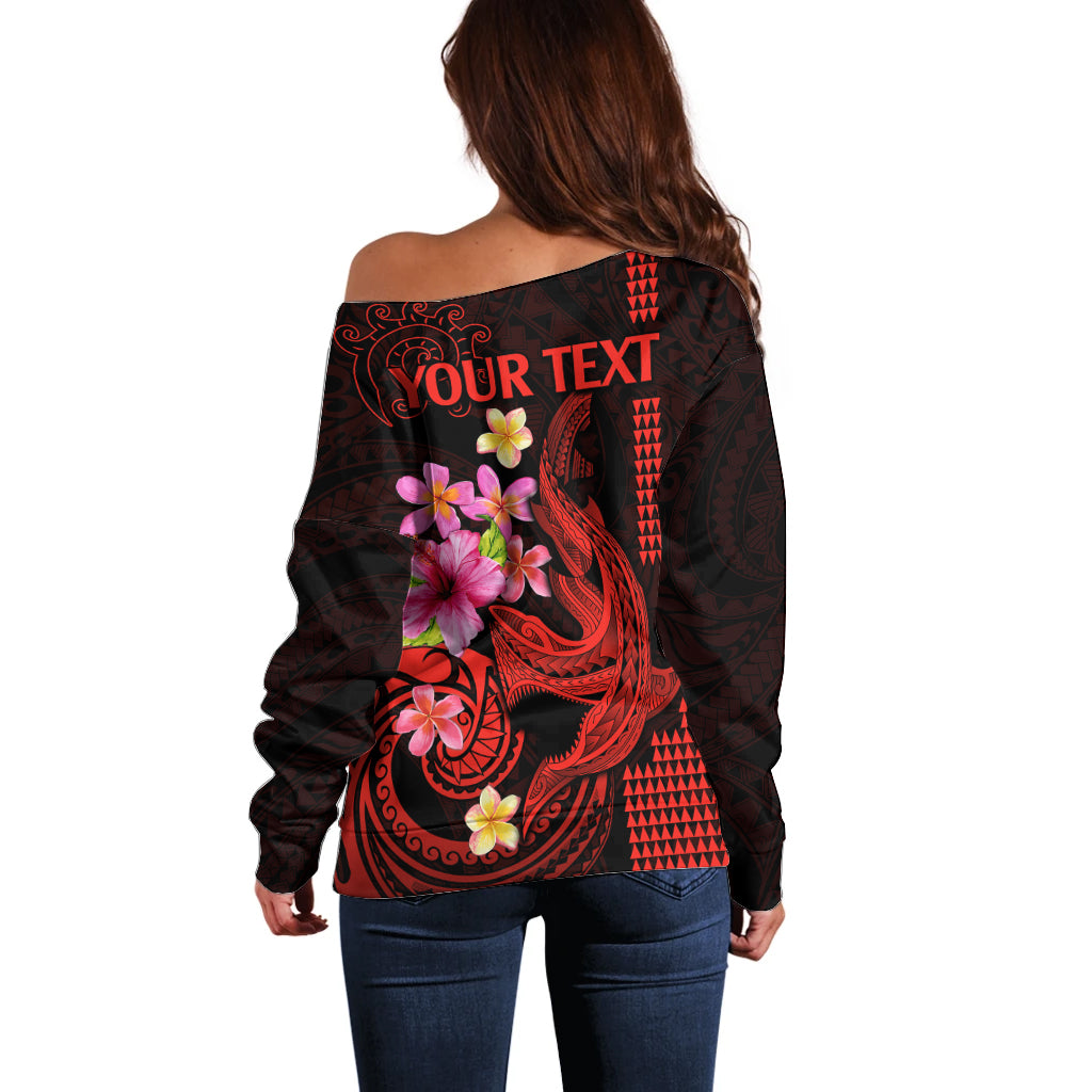 Custom Polynesian Off Shoulder Sweater Hawaiian Warriors with Tribal Shark Tattoos - Red - Wonder Print Shop