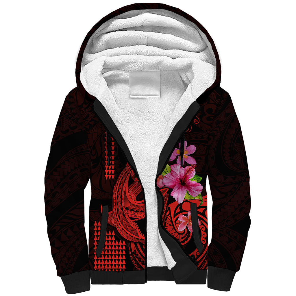 Custom Polynesian Sherpa Hoodie Hawaiian Warriors with Tribal Shark Tattoos - Red - Wonder Print Shop