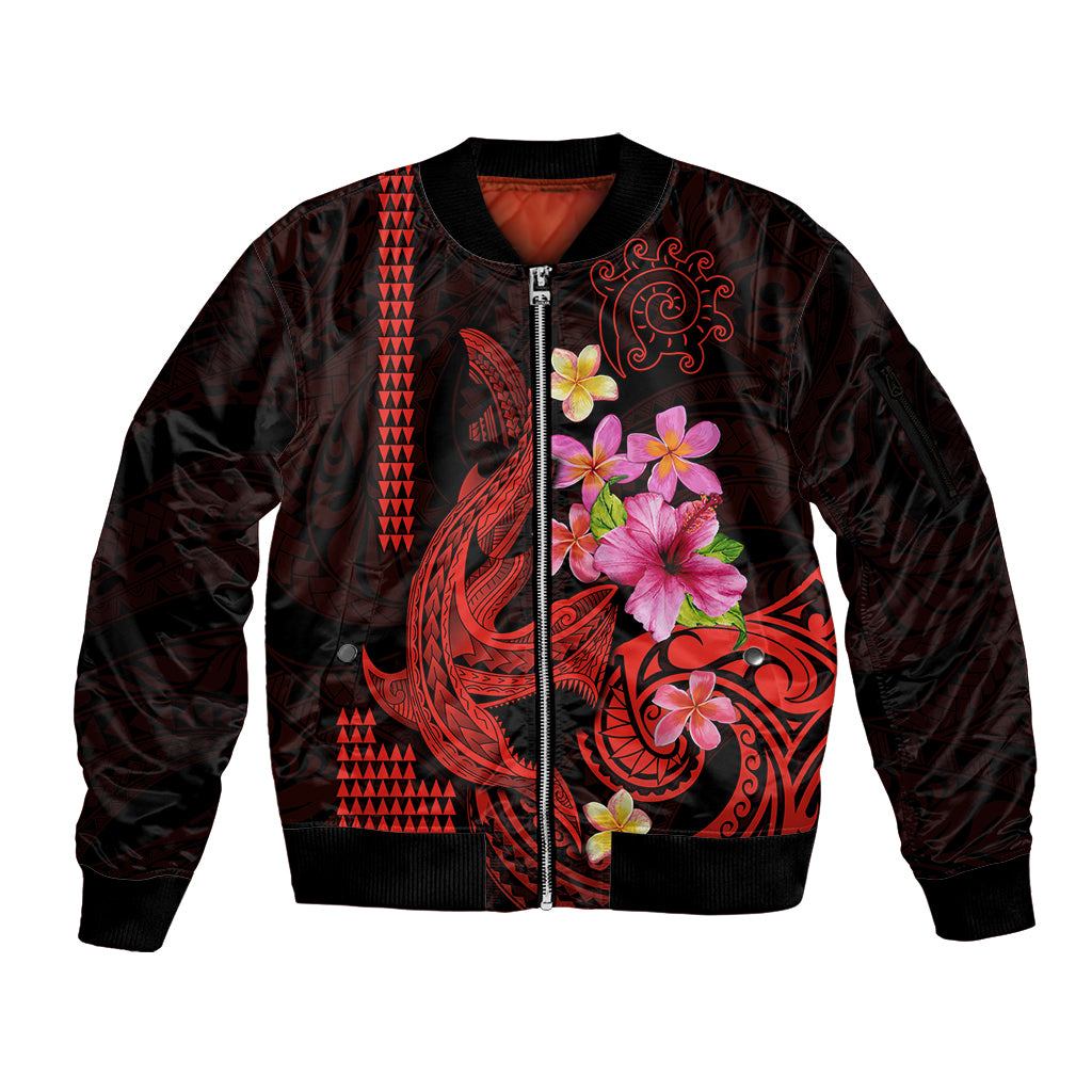 Custom Polynesian Sleeve Zip Bomber Jacket Hawaiian Warriors with Tribal Shark Tattoos - Red - Wonder Print Shop