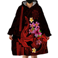 Custom Polynesian Wearable Blanket Hoodie Hawaiian Warriors with Tribal Shark Tattoos - Red - Wonder Print Shop