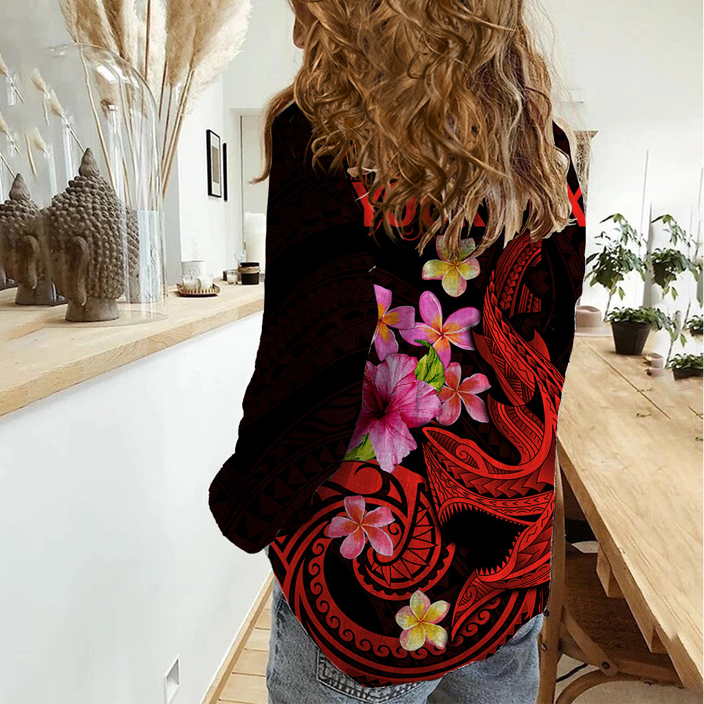 Custom Polynesian Women Casual Shirt Hawaiian Warriors with Tribal Shark Tattoos - Red - Wonder Print Shop