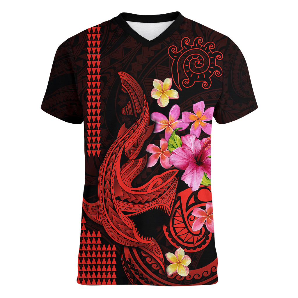 Custom Polynesian Women V Neck T Shirt Hawaiian Warriors with Tribal Shark Tattoos - Red - Wonder Print Shop