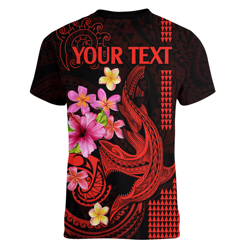 Custom Polynesian Women V Neck T Shirt Hawaiian Warriors with Tribal Shark Tattoos - Red - Wonder Print Shop