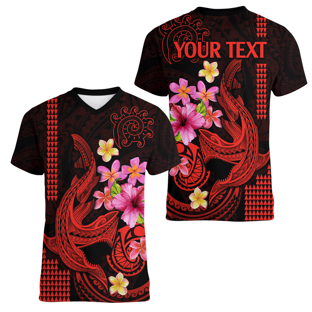 Custom Polynesian Women V Neck T Shirt Hawaiian Warriors with Tribal Shark Tattoos - Red - Wonder Print Shop