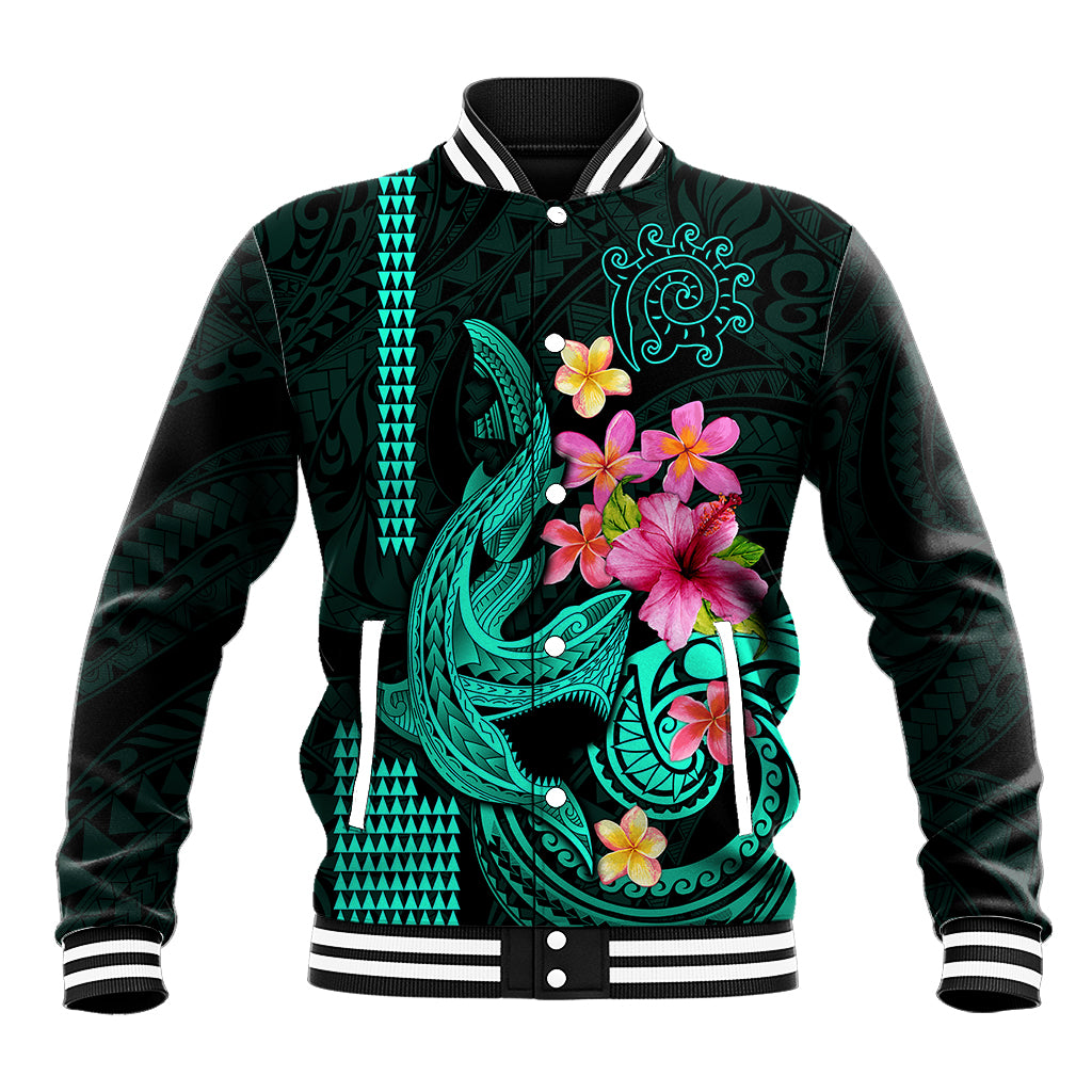 Custom Polynesian Baseball Jacket Hawaiian Warriors with Tribal Shark Tattoos - Turquoise LT9 - Wonder Print Shop
