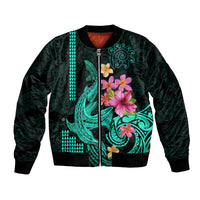 Custom Polynesian Bomber Jacket Hawaiian Warriors with Tribal Shark Tattoos - Turquoise LT9 - Wonder Print Shop
