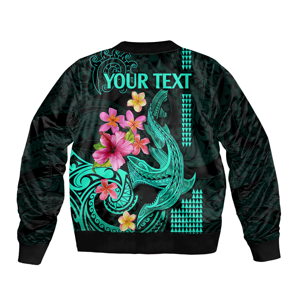 Custom Polynesian Bomber Jacket Hawaiian Warriors with Tribal Shark Tattoos - Turquoise LT9 - Wonder Print Shop