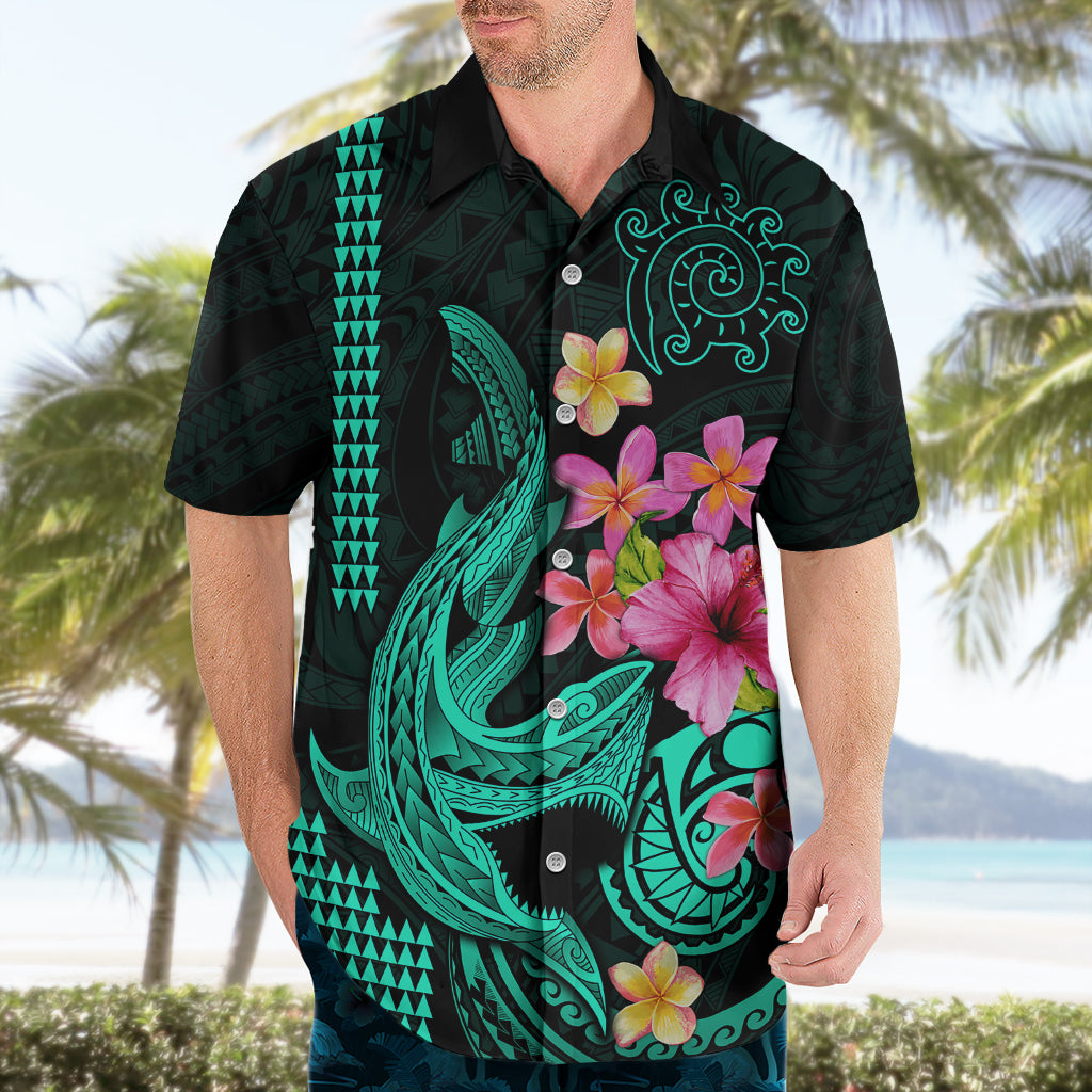 Custom Polynesian Hawaiian Shirt Hawaiian Warriors with Tribal Shark Tattoos - Turquoise - Wonder Print Shop