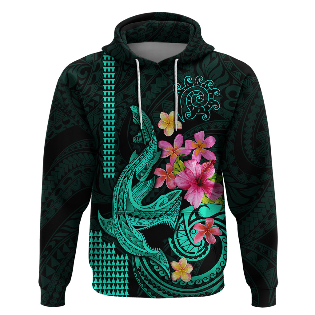 Custom Polynesian Hoodie Hawaiian Warriors with Tribal Shark Tattoos - Turquoise - Wonder Print Shop