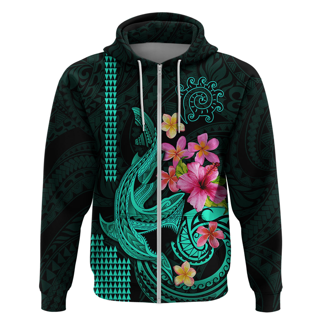 Custom Polynesian Hoodie Hawaiian Warriors with Tribal Shark Tattoos - Turquoise - Wonder Print Shop
