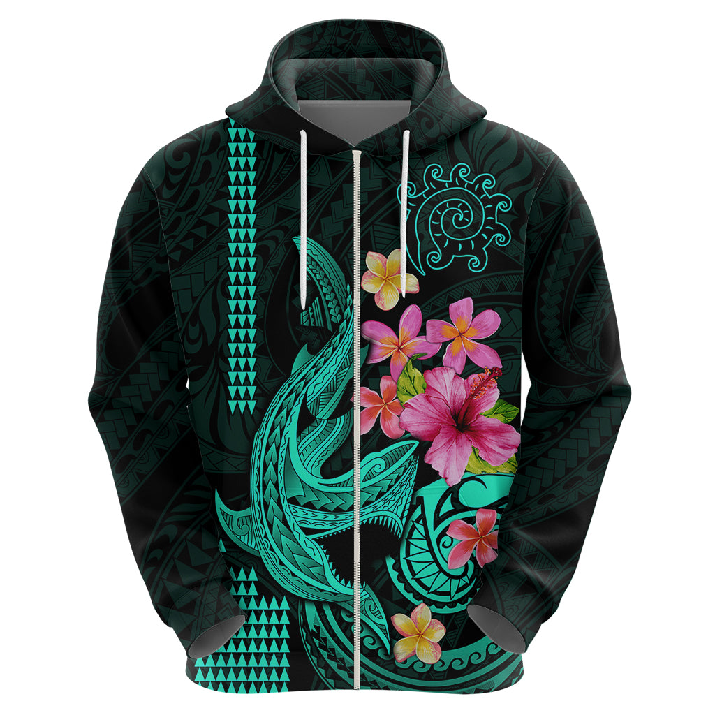 Custom Polynesian Hoodie Hawaiian Warriors with Tribal Shark Tattoos - Turquoise - Wonder Print Shop