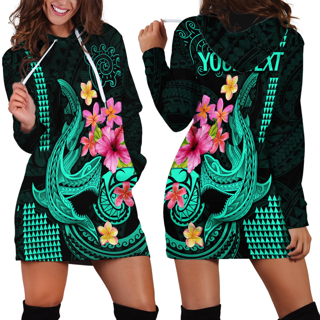 Custom Polynesian Hoodie Dress Hawaiian Warriors with Tribal Shark Tattoos - Turquoise - Wonder Print Shop