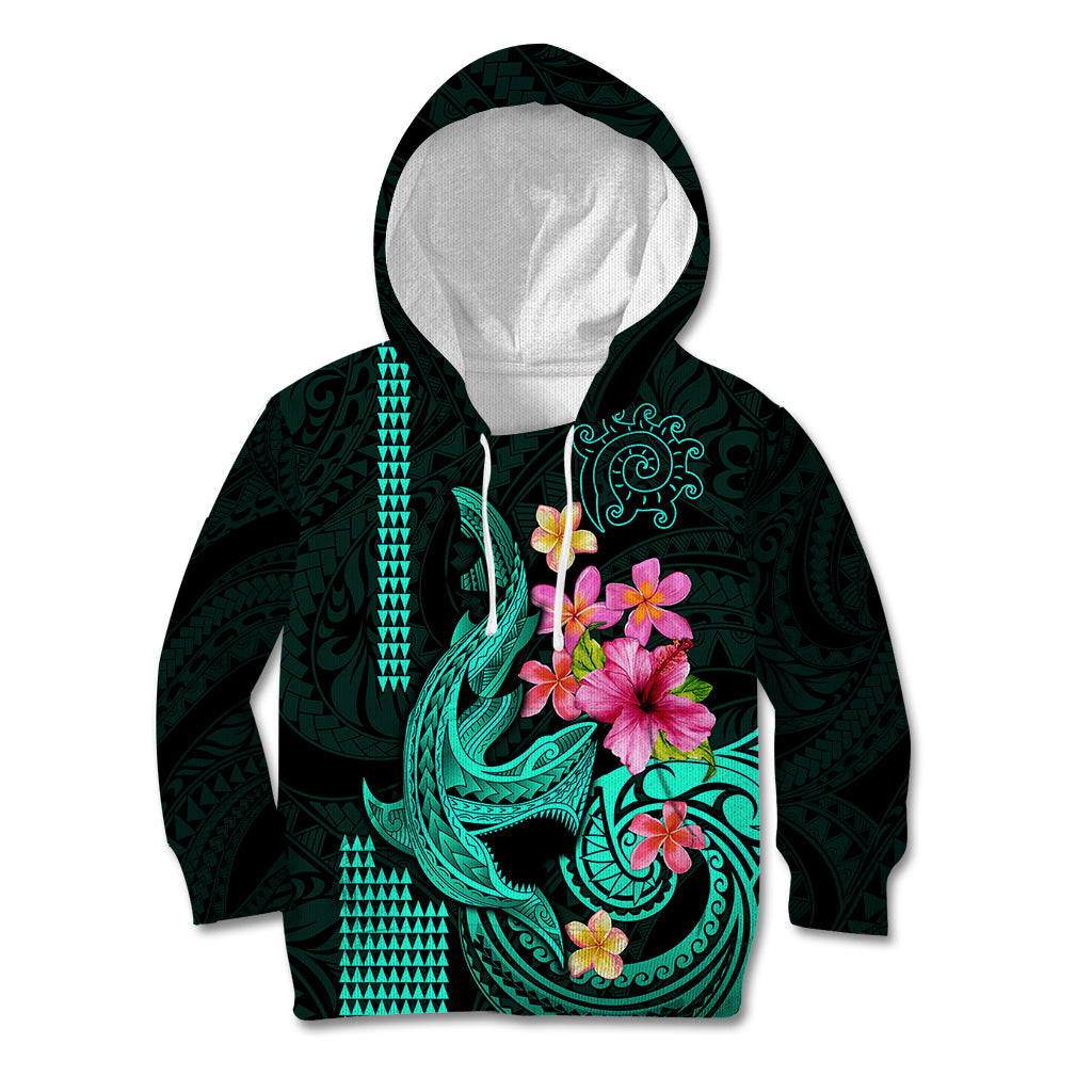 Custom Polynesian Kid Hoodie Hawaiian Warriors with Tribal Shark Tattoos - Turquoise - Wonder Print Shop