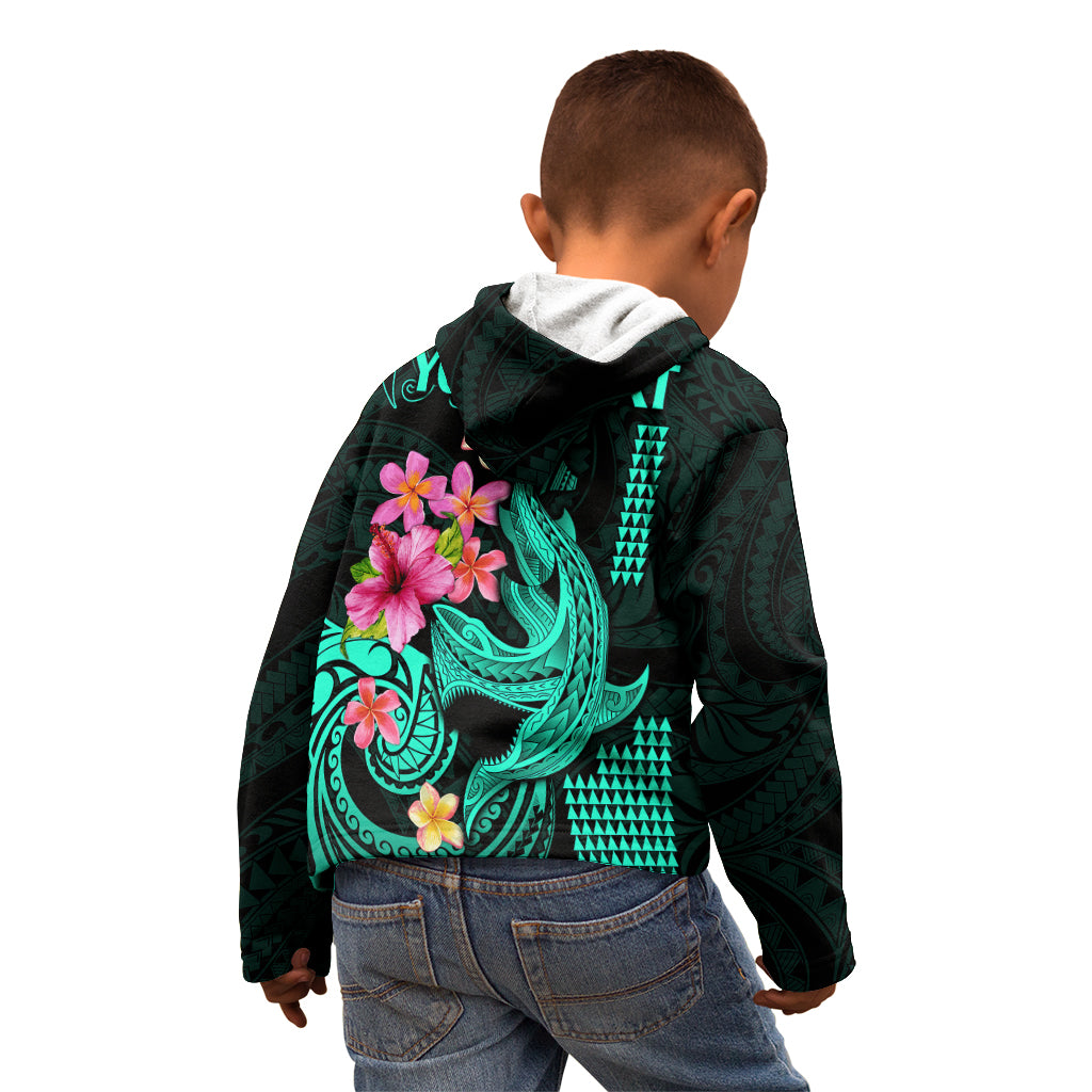 Custom Polynesian Kid Hoodie Hawaiian Warriors with Tribal Shark Tattoos - Turquoise - Wonder Print Shop