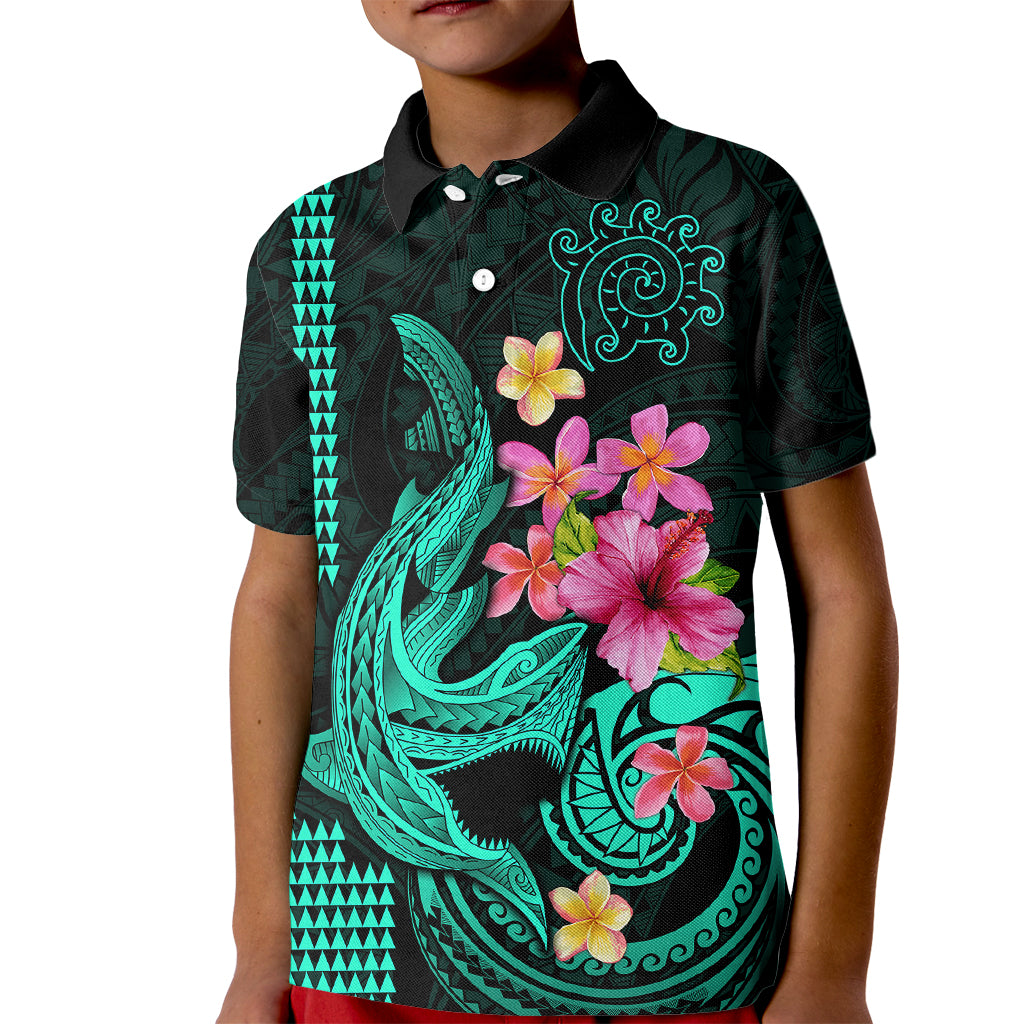 Custom Polynesian Kid Polo Shirt Hawaiian Warriors with Tribal Shark Tattoos - Turquoise - Wonder Print Shop