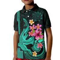 Custom Polynesian Kid Polo Shirt Hawaiian Warriors with Tribal Shark Tattoos - Turquoise - Wonder Print Shop
