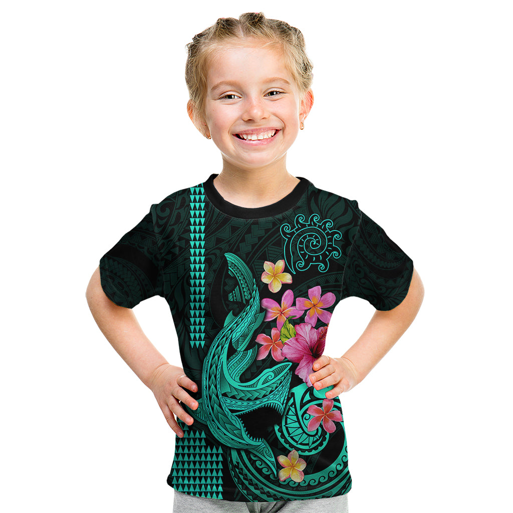 Custom Polynesian Kid T Shirt Hawaiian Warriors with Tribal Shark Tattoos - Turquoise - Wonder Print Shop