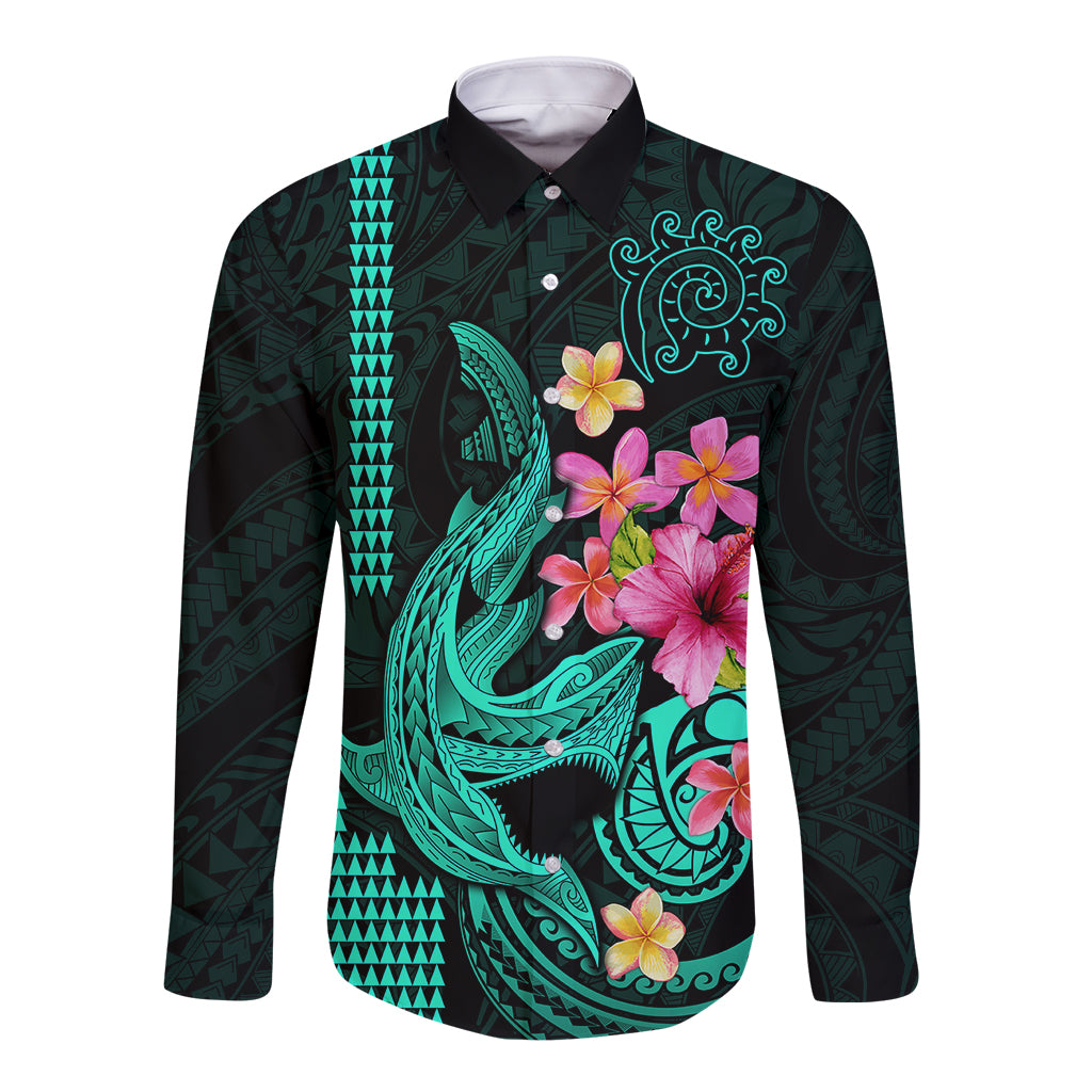 Custom Polynesian Long Sleeve Button Shirt Hawaiian Warriors with Tribal Shark Tattoos - Turquoise - Wonder Print Shop
